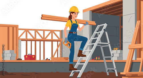 Skilled woman construction worker confidently climbing ladder with wood for building framework project