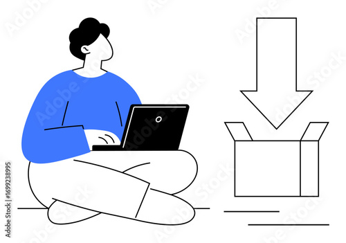 Person seated with a laptop, managing download and organization tasks symbolized by an open box and downward arrow. Ideal for technology, data transfer, cloud service, organization, remote work