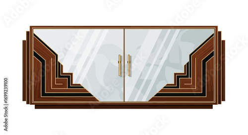 Elegant Art Deco Cabinet with Glass Doors and Geometric Woodwork Design