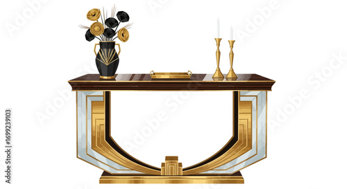Elegant Art Deco Console Table with Floral Arrangement and Candleholders