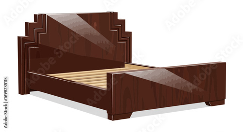 Elegant Art Deco Inspired Bed Frame in Rich Brown Wood Grain Illustration
