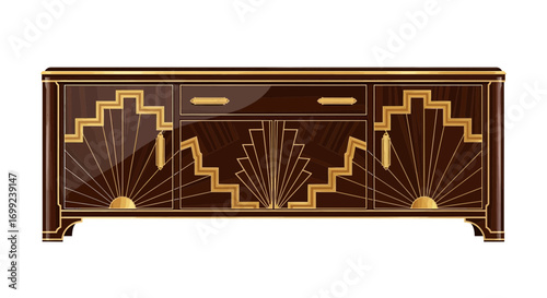 Elegant art deco sideboard cabinet with radiating sunburst and staircase motifs