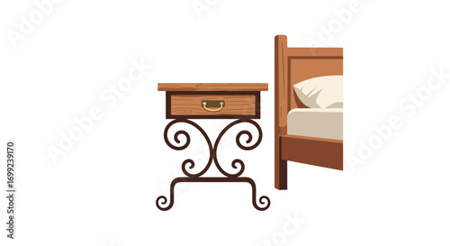 Elegant bedroom furniture including vintage nightstand and wooden bed