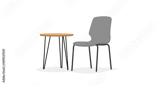 Elegant gray chair and wooden side table on a clean white backdrop