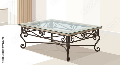 Elegant glass top coffee table with wrought iron scrollwork details
