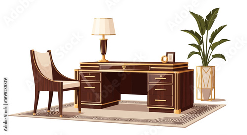 Elegant home office space with dark wood desk and modern houseplant