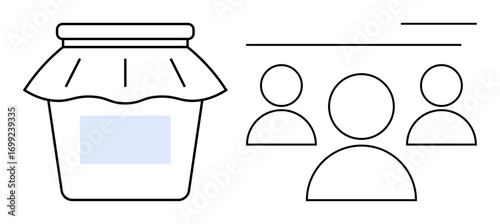 Jar sealed with a fabric top paired with simplified human figures. Ideal for teamwork, collaboration, community, preservation, product sharing, social interaction, simple flat metaphor