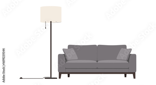 Elegant interior illustration featuring a comfortable sofa and floor lamp
