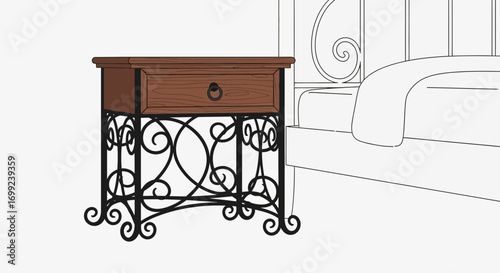 Elegant nightstand with ornate ironwork base and bed vector illustration