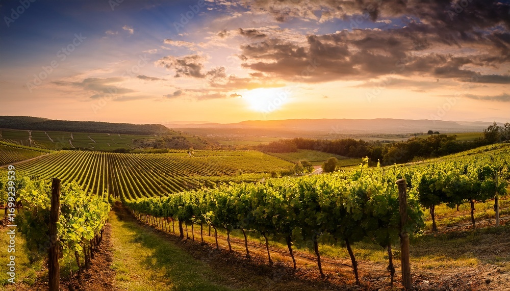 Naklejka premium A Stunning Sunset Illuminates A Sprawling Vineyard With Rows Of Lush Green Grapevines Stretching Towards The Horizon In This Picturesque Landscape