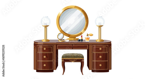 Elegant vanity table with mirror and cosmetic accessories illustration