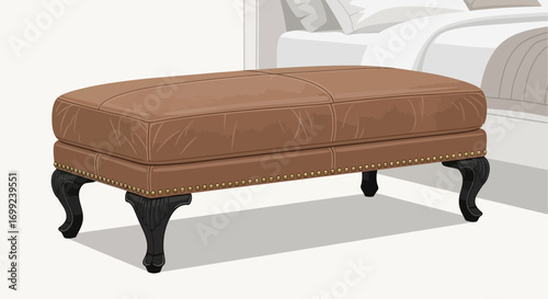 Elegant upholstered ottoman with cabriole legs in cozy bedroom setting