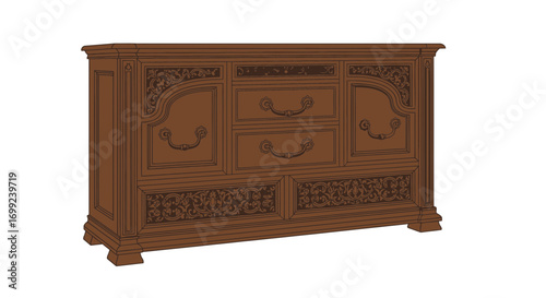 Elegant wooden dresser illustration featuring intricate floral details