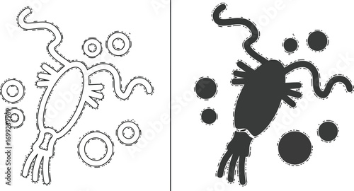 Stylized plankton silhouettes in contrasting black and white designs for scientific illustration or educational material