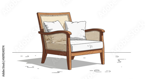 Illustration of a wooden armchair with rattan details and white cushions