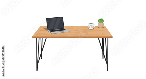 Minimalist workspace setup with laptop, coffee, and plant on a wood desk
