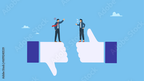 Businessman and businesswoman furious arguing on difference thumb up and down. Conflict and argument between colleagues, controversy or difference opinion, disagree, confrontation or rivalry fighting.