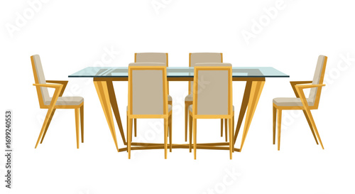 Modern dining set featuring a glass top table and six chairs arrangement