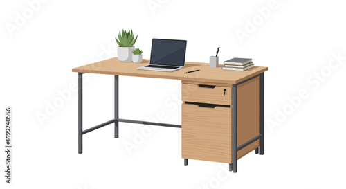 Modern desk setup with computer, plants, and office supplies illustration
