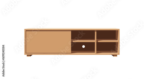 Modern media console illustration with sliding door and storage shelves