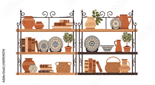 Ornamental Shelves with Assorted Decorative Objects and Floral Accents