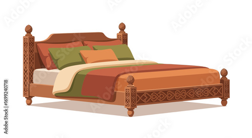 Ornamented wooden bed frame with rustic styled bedding and headboard