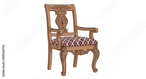 Ornate wooden armchair illustration with patterned seat and graceful design