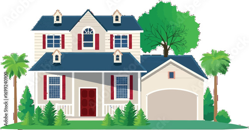 Dream home with palm trees and lush green lawn perfect for real estate marketing or family lifestyle concepts