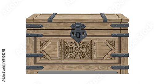 Ornate wooden chest with metal accents and floral decorations vector illustration