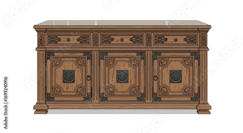 Ornate wooden sideboard with drawers and cabinets, vintage furniture design