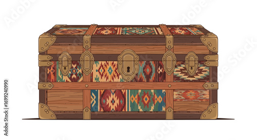 Ornate wooden chest decorated with southwest native american patterns