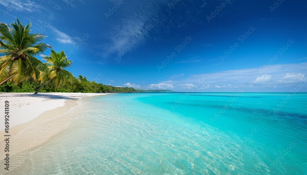 Fototapeta premium A Serene Beach With Crystal Clear Turquoise Waters Gently Lapping At The White Sand A Few Scattered Palm Trees Provide Shade And The Horizon Stretches Endlessly Under A Bright Blue Sky