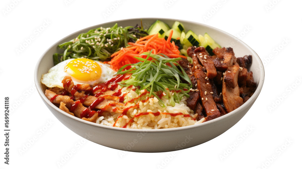 Delicious Korean bibimbap rice bowl with vegetables grilled meat and fried egg isolated on white background Delicious Korean bibimbap rice bowl with vegetables grilled meat and fried egg isolated on white background