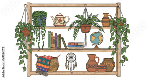 Rustic shelving unit with bohemian decor and cascading green houseplants