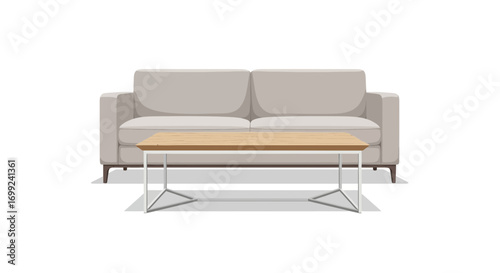 Sleek sofa with a wooden coffee table on a white background