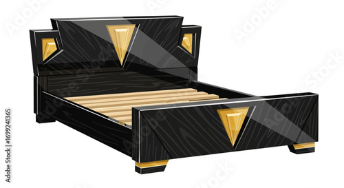 Sophisticated Art Deco Bed Frame with Geometric Golden Accents