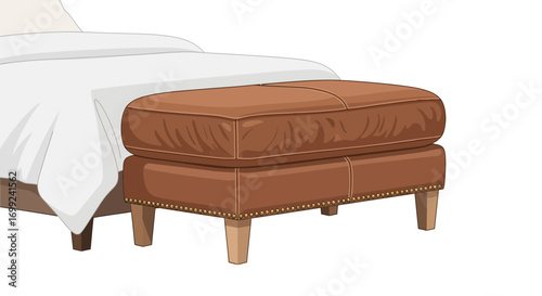 Sophisticated brown leather ottoman with nailhead trim and bedroom elegance