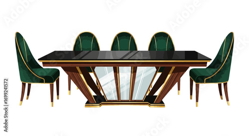 Sophisticated Dining Set with Emerald Green Chairs and Sleek Black Table
