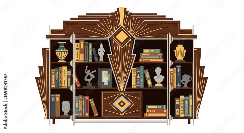 Fototapeta premium Stylized Art Deco Bookshelf with Books and Decorative Items Illustration