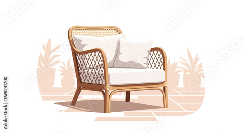 Stylish Rattan Armchair with Cushions in Serene Outdoor Illustration