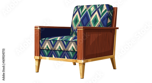 Stylish vintage armchair with geometric pattern upholstery isolated design