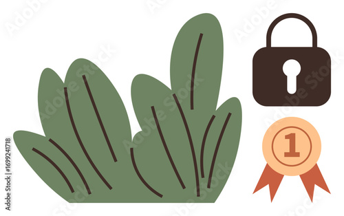Green foliage next to lock and first-place medal. Ideal for security, achievement, eco-friendly concept, data protection, certification, validity, nature preservation, simple flat metaphor
