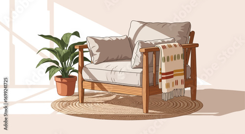 Stylish wooden armchair adorned with blanket near the plant in the pot