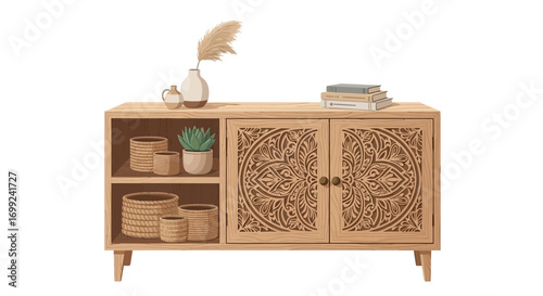 Stylish wooden cabinet with decorative carvings and bohemian decor elements