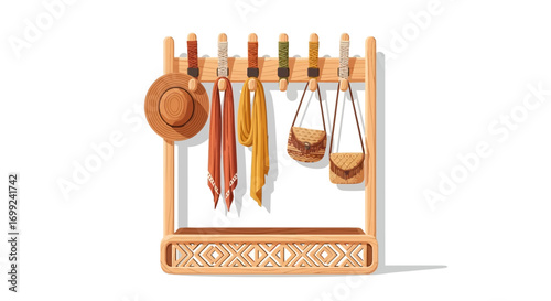 Stylish wooden rack with summer accessories creates a bohemian atmosphere