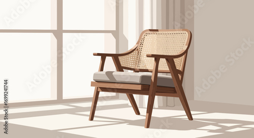 Stylish wooden chair with wicker back in a sunlit modern interior