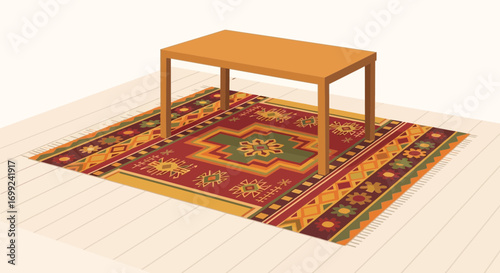 Stylized interior scene featuring a table resting on a patterned rug
