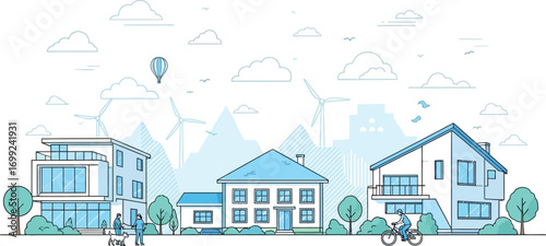 Modern eco-friendly neighborhood with wind turbines, houses, and people enjoying a healthy lifestyle