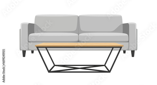 Stylized light grey love seat and modern table, contemporary design