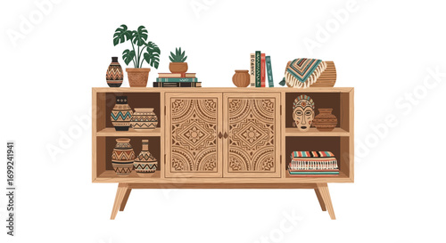 Stylized wooden cabinet featuring diverse decorations and ethnic artwork
